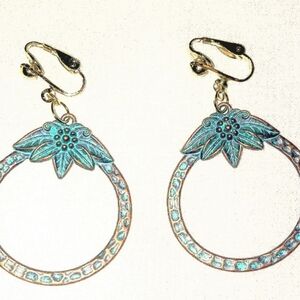 2.5" Gold Plated Clips Retro Antique Hollow Blue Leaves Clip-on Fashionable Earr